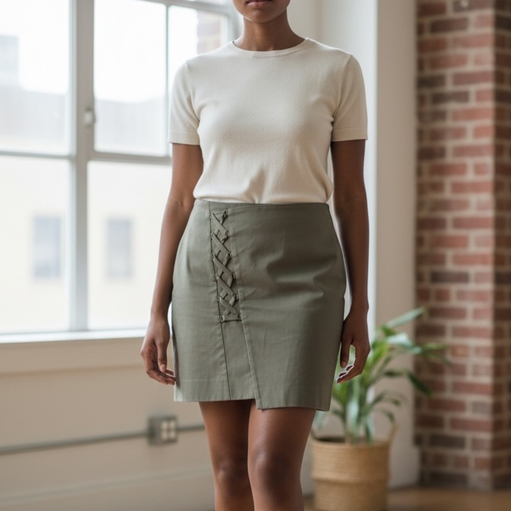 NWOT ETCETERA Taupe lace front asymmetrical above knee skirt size 10 new